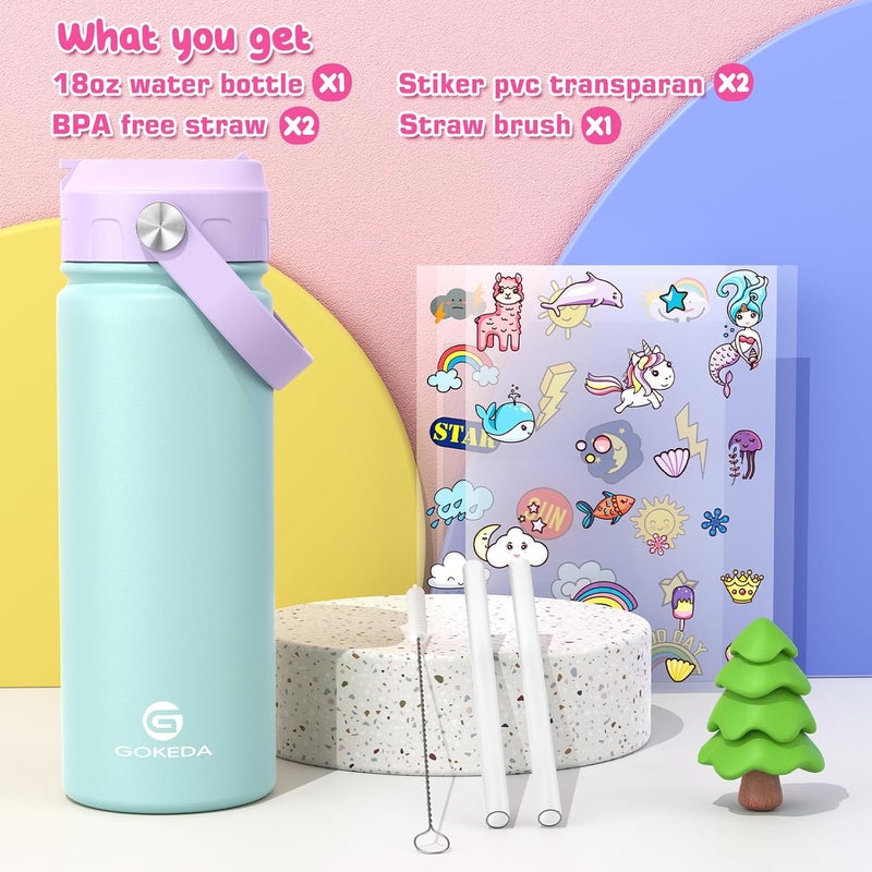 GOKEDA 18oz Kids Water Bottle, Insulated Bottles with Stickers, 18/8 Stainless Steel Vacuum Leak Proof Straw Cup for School, Gifts for Boys Girls(PurpleGreen) - Image 1